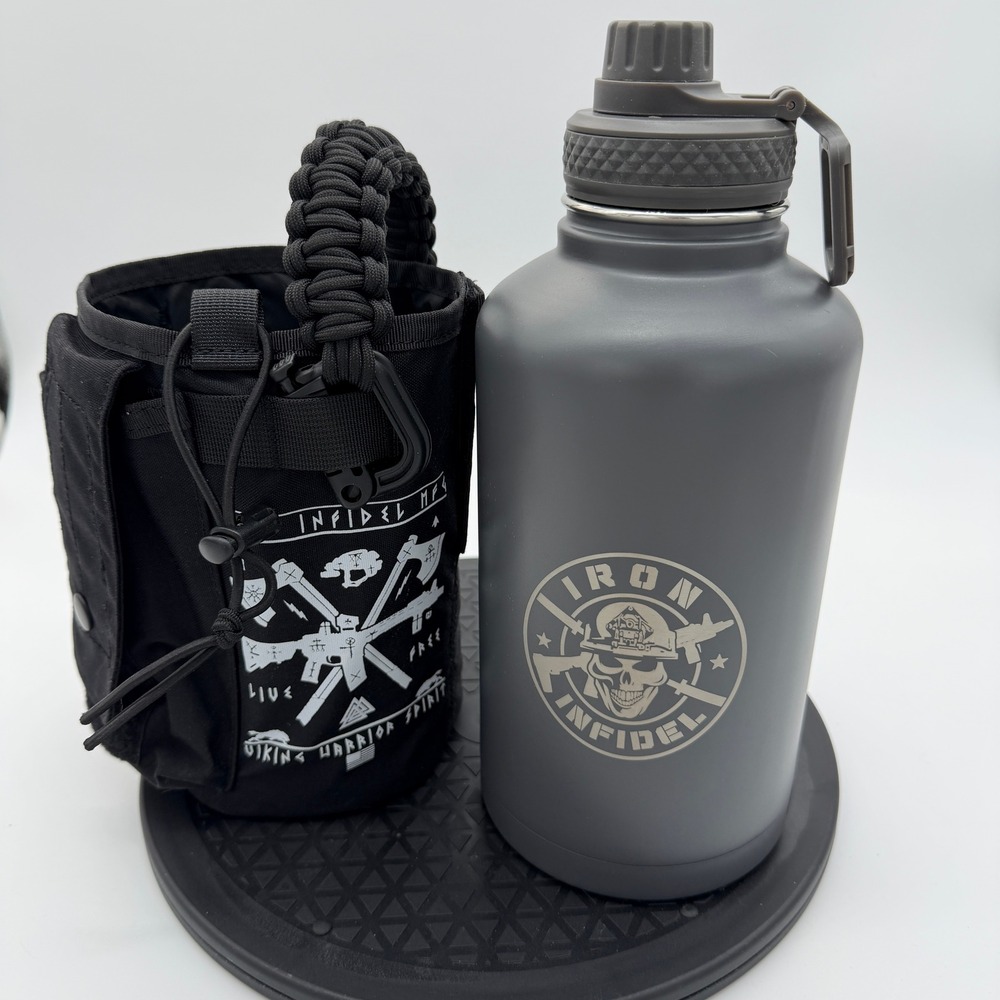 Iron Infidel 64oz Battle Flask Matte Gray Insulated H20 Bottle Tactical Carrier